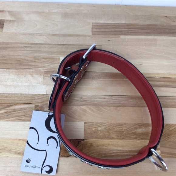 Mad Cow genuine leather jewelry dog collar handmade red pink turquoise studded - Picture 8 of 16